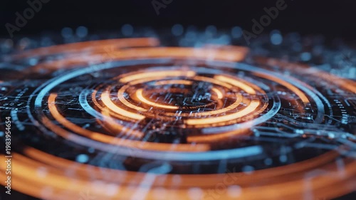 Abstract digital technology interface with glowing circular data networks for cyber security and innovation concepts.