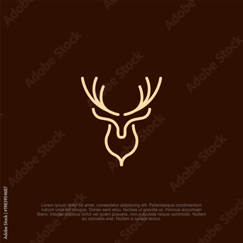 Minimalist Deer Head Logo Design featuring Majestic Antlers in a Modern Monolinear Style on a Dark Brown Background, Ideal Professional Branding Identity Template for Wildlife, Outdoor, or Hunting.