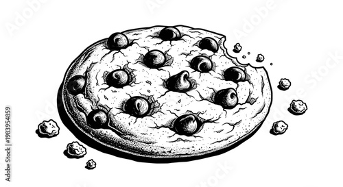 Chocolate chip cookie bitten with crumbs vintage style.