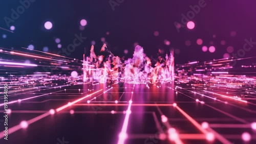 Abstract digital data network with glowing purple lines and dots representing high speed internet connectivity.