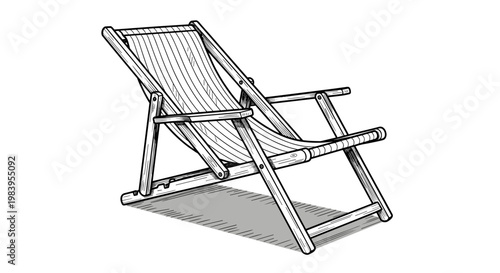 Classic wooden beach chair or deck chair illustration in hand-drawn engraving style, perfect for relaxation themes.