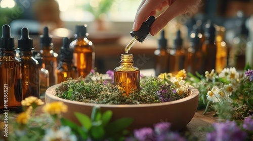 Hand dripping golden essential oil into an amber glass bottle surrounded by a wooden bowl of dried herbs and fresh flowers in a warm calming light