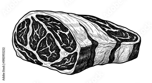 Close-up of raw marbled beef steak with visible fat marbling, prepared for cooking in sketch style.