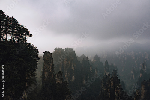 Scenic view of Zhangjiajie National Forest Park, China’s first national forest park and a UNESCO World Heritage Site, renowned for its dramatic sandstone pillars and breathtaking landscapes.