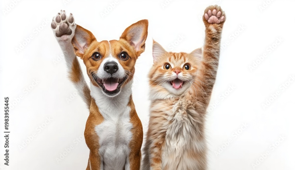 Obraz premium joyful brown and white dog and fluffy orange tabby cat sitting side by side with front paws raised, smiling and playful