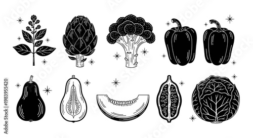 Collection of fresh vegetables and fruits isolated on white background, healthy food.