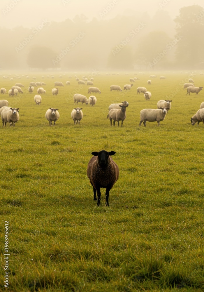 Fototapeta premium Black sheep standing in a green field with a flock of white sheep in the background, metaphor for individuality and leadership in livestock farming and business