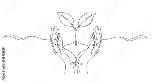 Continuous line art drawing of human hands cupping small green sprout representing environmental protection and new growth.
