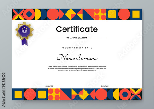 Modern certificate of appreciation template with vibrant Bauhaus geometric pattern borders top and bottom