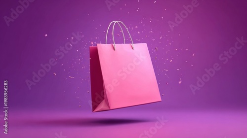 Pink paper shopping bag floating in air on vibrant purple background, modern retail sale concept with copy space, minimal creative composition for online shopping, discount promotion and delivery them