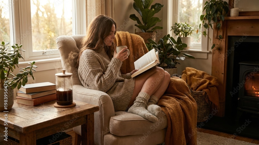 Obraz premium Woman Reading Book Cozy Armchair Near Fireplace.