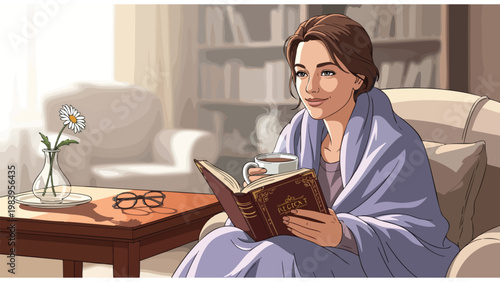 Cozy Woman Reading Book, Drinking Coffee, Wrapped in Blanket, Relaxing Home Scene