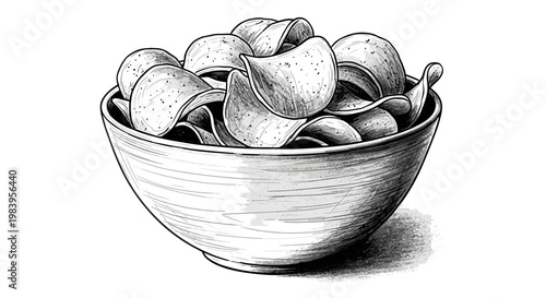Crispy salted potato chips in ceramic bowl hand drawn etching style for snack food menu and appetizer packaging graphic design.