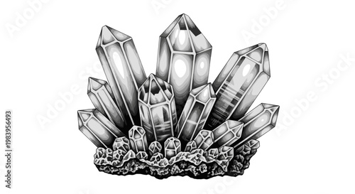 Crystal cluster drawing with sharp geometric points of quartz and amethyst mineral stones for geology and mystical themes.