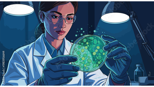 Female Scientist Examining Petri Dish in Modern Lab - Medical Research & Biotech Innovation