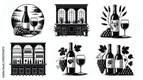 A black and white illustration set of wine bottles and glasses on a table with grapes and leaves in various settings.