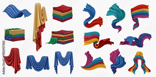 Set of colorful fabric drapes, textile materials, and folded cloth pieces for design projects.