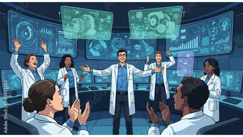 Diverse Science Team Celebrating Breakthrough in Futuristic Data Lab