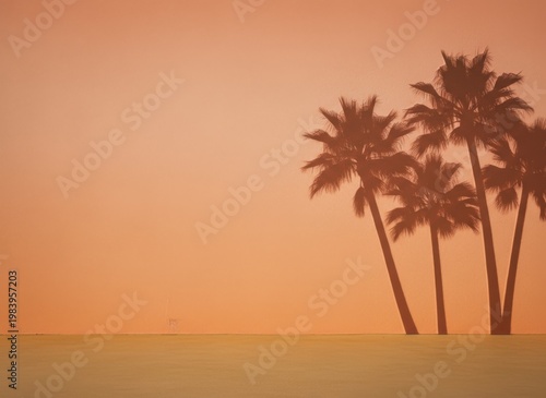 Silhouette of palm trees on textured coral wall backdrop, minimal tropical sunset background for aesthetic interior design or social media product mockup, with copy space