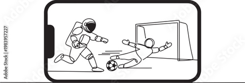 Single one line drawing astronaut football player kicking ball, goalkeeper saving goal on smartphone screen. one line icon drawing vector
