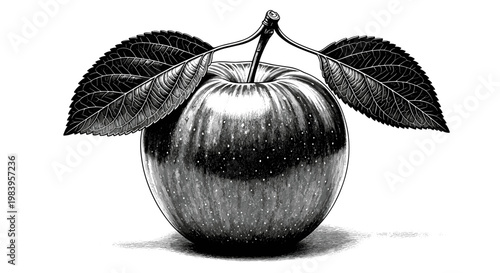 Detailed black and white engraving of a fresh apple with leaves, capturing natural texture and organic beauty.