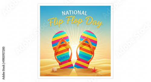 Colorful flip flops on sandy beach for National Flip Flop Day