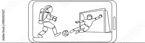 Single one line drawing astronaut football player kicking ball, goalkeeper saving goal on smartphone screen. one line icon drawing vector