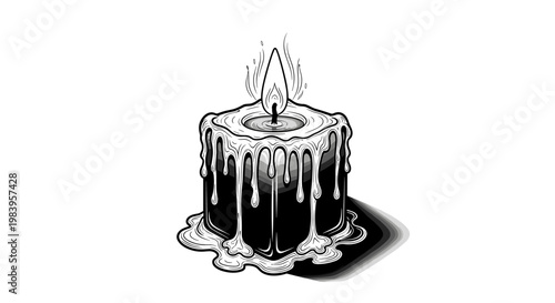 Detailed black and white illustration of a melting candle with dripping wax and flickering flame on plain background.