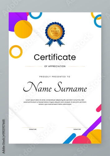 Portrait award layout with colorful circular patterns and elegant typography for business and events