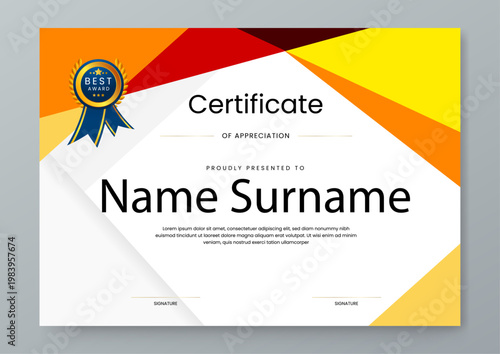 Elegant landscape certificate template featuring orange and yellow geometric overlays and gold seal