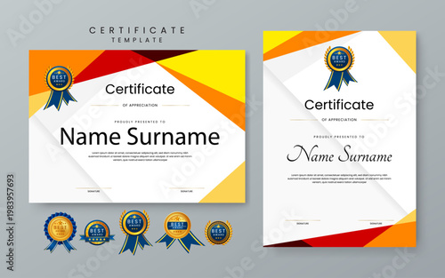 Set of landscape and portrait certificate templates with vibrant orange and yellow abstract geometric design