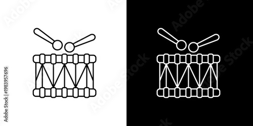Simple outline icon graphic of a traditional drum with drumsticks, perfect for music and rhythm related design projects or educational materials