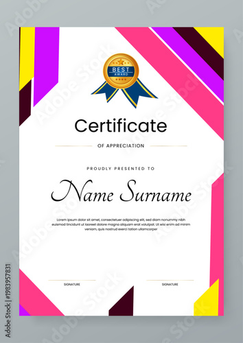 Vertical certificate of appreciation with stylish pink magenta and yellow geometric border design