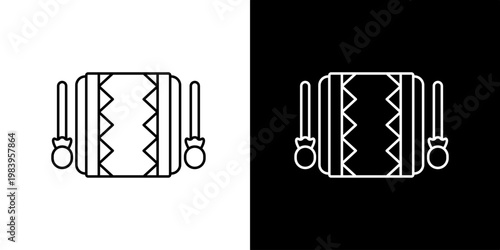 Minimalist outline icon depicting a traditional ethnic drum with two accompanying mallets, symbolizing musical rhythm, cultural heritage, and performance art