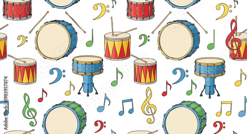 Colorful cartoon drum and musical note pattern on white background