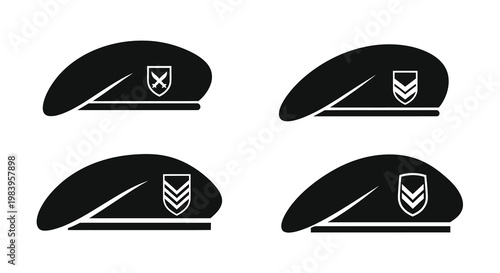 Four military berets with insignia displayed in a stark silhouette