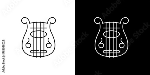 Simple line art icon graphic of a lyre on a white and black background