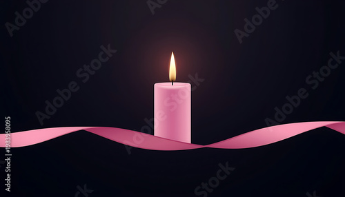 Candle with a pink ribbon on a black background. Vector illustration.