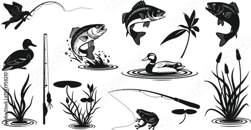 Black and white of fishing and aquatic life ducks frogs fishing rod aquatic plants