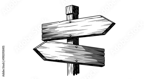 Directional wooden signpost with two blank arrow boards pointing in opposite directions isolated on white background vintage illustration.