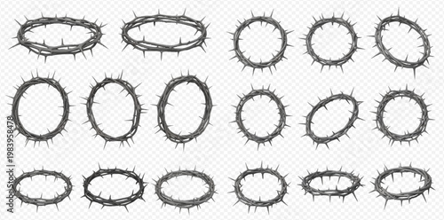 Set of crown of thorns, symbol of suffering and sacrifice, in various angles and perspectives.