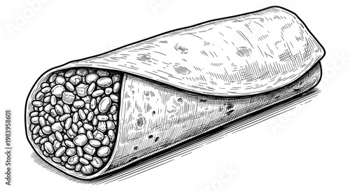 Drawing of a wrapped burrito filled with beans and ingredients, isolated on white background, food illustration.