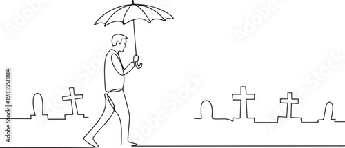 One continuous line drawing of Traveler or explorer on mountain or valley concept. one line iA man with umbrella visits the cemetery. one line icon drawing vectordrawing vector