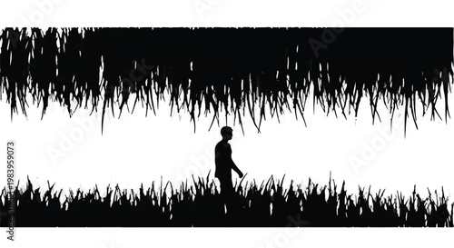 Solitary figure walks through a field of tall grass under a bright sky