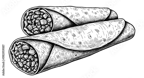Engraved style burrito illustration showing two rolled tortillas filled with meat and vegetables for Mexican food menu set.
