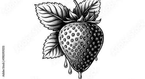 Engraved style strawberry illustration with leaves and liquid juice drops on isolated white background healthy food art.