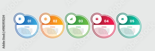 5 points infographic with gradient style with big circle with small badge on side top with 5 elements stages
