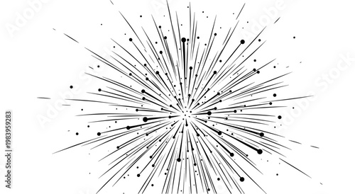 Explosion burst abstract background with lines and dots effects radial speed lines motion graphic element comic style black and white.