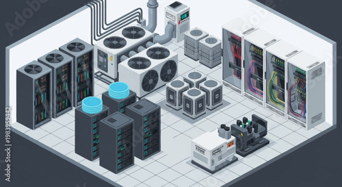 Isometric data center server room infrastructure.