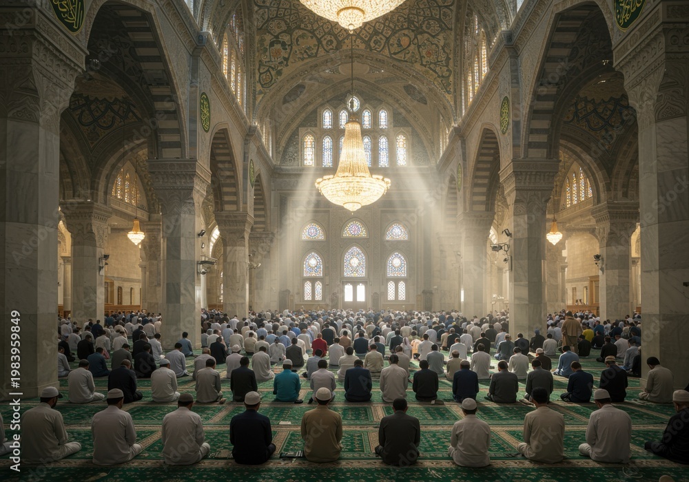 Fototapeta premium Muslim men praying in rows inside a majestic mosque with golden sunlight beams and chandeliers, communal worship during Ramadan with copy space for religious design